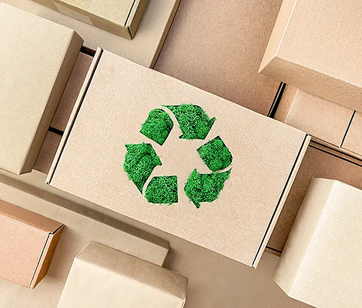 Kraft paper boxes with a recycled pulp recycle symbol