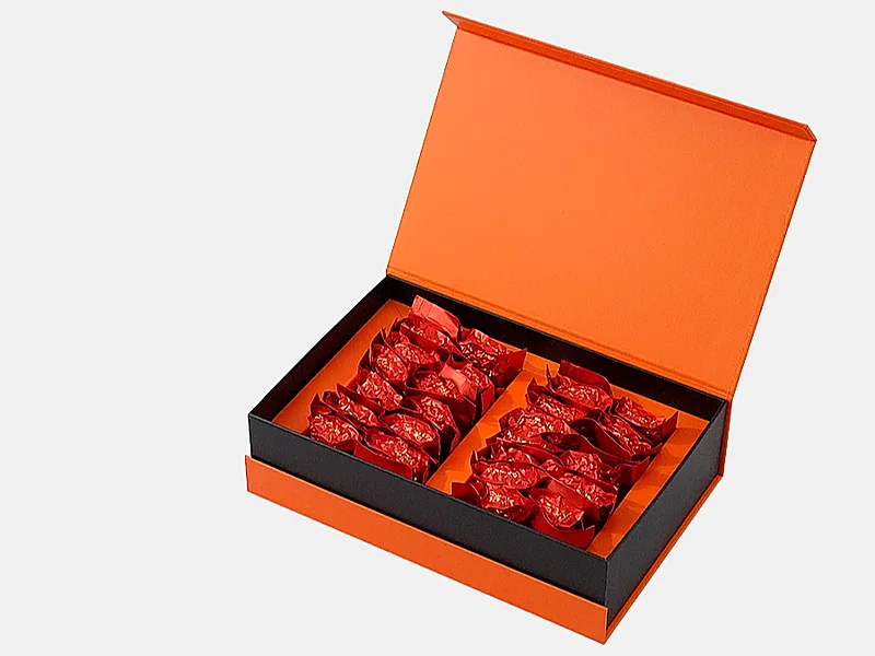 Magnetic closure rigid box opened flat, showing the lid held by hidden magnets