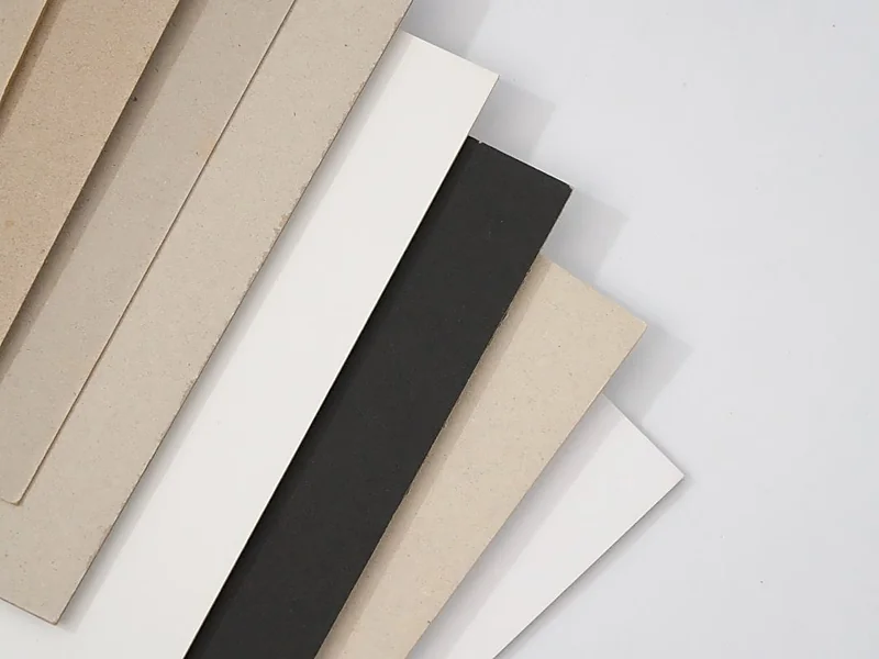 Grey board sheets in several thicknesses used for rigid box construction