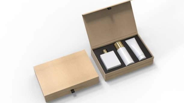 Open kraft paper gift box with white cosmetic bottles and tubes inside