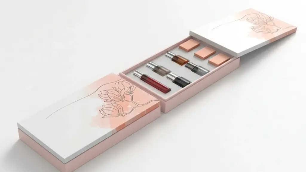 Open pink and white cosmetic gift box mockup featuring floral line art, containing small perfume bottles and beauty sponges