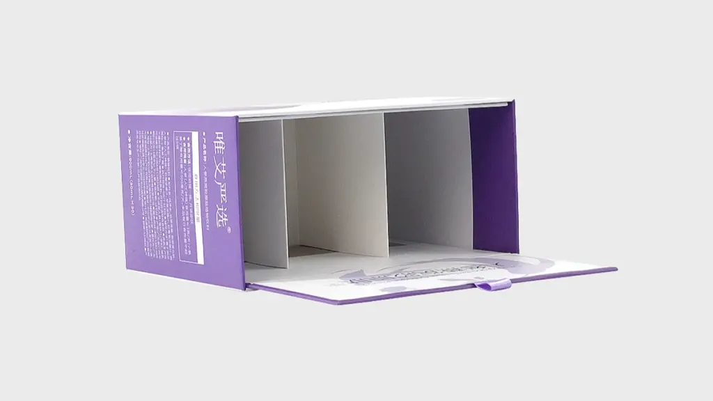 Open purple supplement box with white interior divider tray compartments