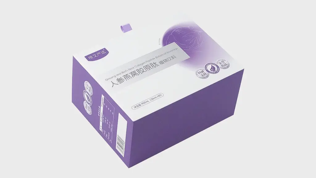 Purple and white supplement box packaging for Ginseng Bird's Nest Collagen Peptide botanical beverage shown at an angle on white background
